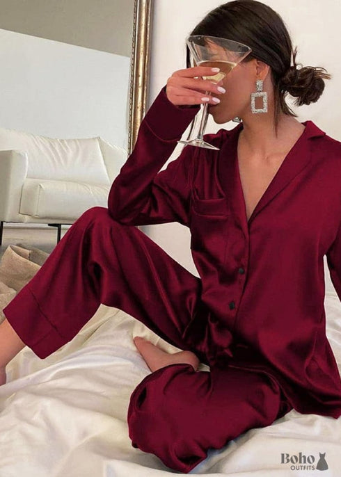 Pijama bohemio, conjunto de pijama de satén Corinne en azul marino